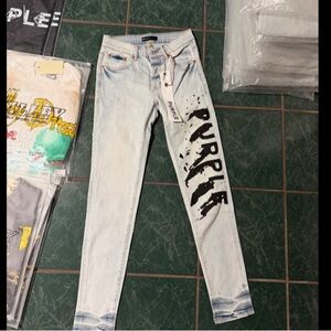 Purple Men's Light Blue Skinny Jeans with Black Print